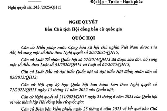 Nghị quyết số 212/2025/QH15 của Quốc hội Bầu Chủ tịch Hội đồng bầu cử quốc gia